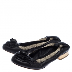 Pre Owned Chanel Black Leather Camellia Embossed Elastic Ballet Flats Size 39