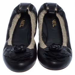Pre Owned Chanel Black Leather Camellia Embossed Elastic Ballet Flats Size 39