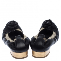 Pre Owned Chanel Black Leather Camellia Embossed Elastic Ballet Flats Size 39