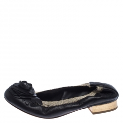 Pre Owned Chanel Black Leather Camellia Embossed Elastic Ballet Flats Size 39