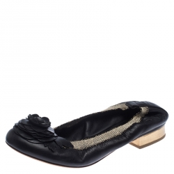 Pre Owned Chanel Black Leather Camellia Embossed Elastic Ballet Flats Size 39