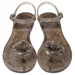 Pre Owned Chanel Grey Glitter Jelly Camellia Flat Sandals Size 38