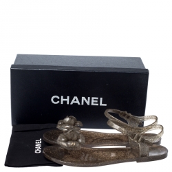 Pre Owned Chanel Grey Glitter Jelly Camellia Flat Sandals Size 38