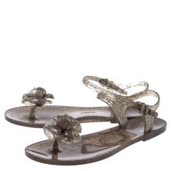 Pre Owned Chanel Grey Glitter Jelly Camellia Flat Sandals Size 38