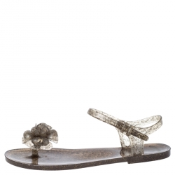 Pre Owned Chanel Grey Glitter Jelly Camellia Flat Sandals Size 38