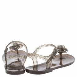 Pre Owned Chanel Grey Glitter Jelly Camellia Flat Sandals Size 38