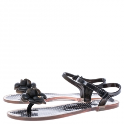 Pre Owned Chanel Black Camellia CC Jelly Flat Sandals Size 39