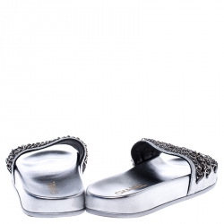 Pre Owned Chanel Metallic Silver Glitter Finish Leather Tropiconic Chain Detail Slide Sandals Size 38