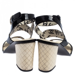 Chanel Black Patent Leather Quilted CC Ankle Strap Sandals Size 39