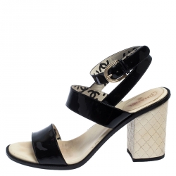 Chanel Black Patent Leather Quilted CC Ankle Strap Sandals Size 39