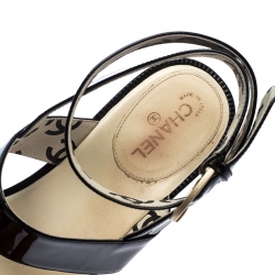 Chanel Black Patent Leather Quilted CC Ankle Strap Sandals Size 39