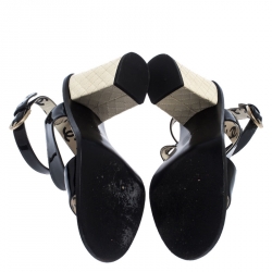 Chanel Black Patent Leather Quilted CC Ankle Strap Sandals Size 39