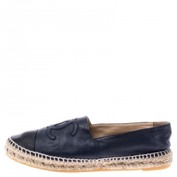 Pre Owned Chanel Black Leather CC Cap Toe Espadrilles Loafers Size 42