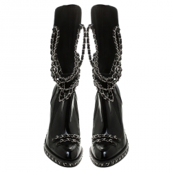Chanel Black Patent Leather CC Runway Glazed Chain Obsession Block Heel Boots Size 38.5