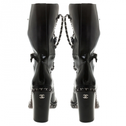 Chanel Black Patent Leather CC Runway Glazed Chain Obsession Block Heel Boots Size 38.5
