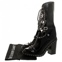 Chanel Black Patent Leather CC Runway Glazed Chain Obsession Block Heel Boots Size 38.5