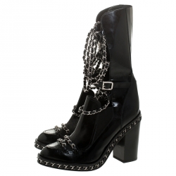 Chanel Black Patent Leather CC Runway Glazed Chain Obsession Block Heel Boots Size 38.5