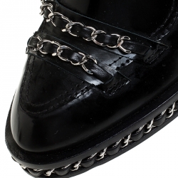 Chanel Black Patent Leather CC Runway Glazed Chain Obsession Block Heel Boots Size 38.5