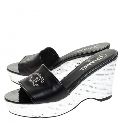 Chanel Black Leather Metallic Wedge Platform Slide Sandals Size 37