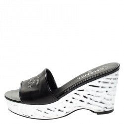 Chanel Black Leather Metallic Wedge Platform Slide Sandals Size 37