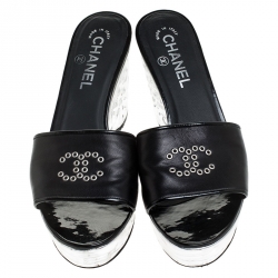 Chanel Black Leather Metallic Wedge Platform Slide Sandals Size 37