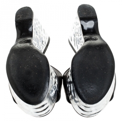 Chanel Black Leather Metallic Wedge Platform Slide Sandals Size 37