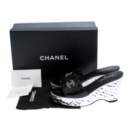 Chanel Black Leather Metallic Wedge Platform Slide Sandals Size 37