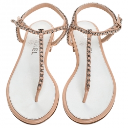 Chanel Beige Leather Chain Thong CC Logo Strap Sandals Size 38