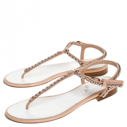 Chanel Beige Leather Chain Thong CC Logo Strap Sandals Size 38