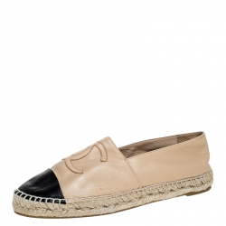 Pre Owned Chanel Beige/Black Leather CC Espadrilles Size 40
