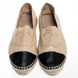 Pre Owned Chanel Beige/Black Leather CC Espadrilles Size 40