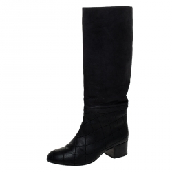 Chanel Black Quilted Leather CC Knee Length Boots Size 38