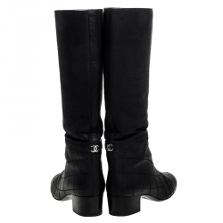Chanel Black Quilted Leather CC Knee Length Boots Size 38