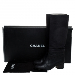 Chanel Black Quilted Leather CC Knee Length Boots Size 38