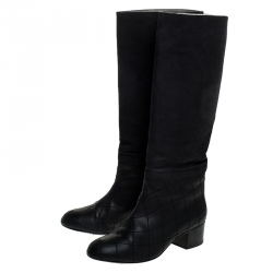 Chanel Black Quilted Leather CC Knee Length Boots Size 38
