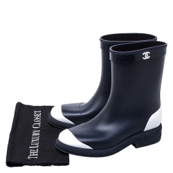 Chanel Navy Blue/White Rubber CC Ankle Length Boots Size 38