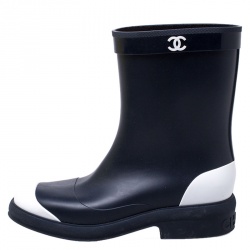 Chanel Navy Blue/White Rubber CC Ankle Length Boots Size 38