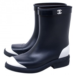 Chanel Navy Blue/White Rubber CC Ankle Length Boots Size 38