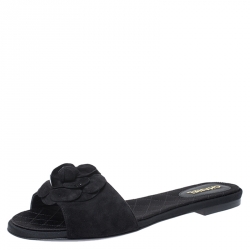 Chanel Black Camellia Suede Slide Flats Size 40.5