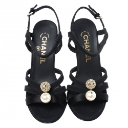 مملوكة مسبقًا Chanel Black Crystal Embellished Satin Strappy Pearl Heel Sandals Size 36