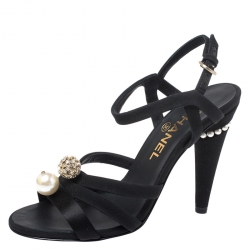 مملوكة مسبقًا Chanel Black Crystal Embellished Satin Strappy Pearl Heel Sandals Size 36