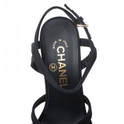 مملوكة مسبقًا Chanel Black Crystal Embellished Satin Strappy Pearl Heel Sandals Size 36