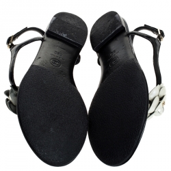 Chanel Black/White Leather CC Camellia Flat Thong Sandals Size 38