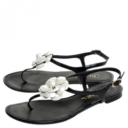 Chanel Black/White Leather CC Camellia Flat Thong Sandals Size 38
