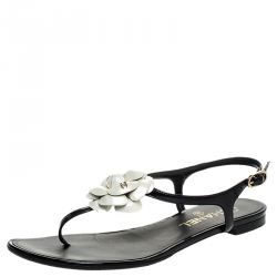 Chanel Black/White Leather CC Camellia Flat Thong Sandals Size 38