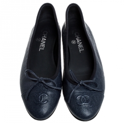 Pre Owned Chanel Navy Blue Leather Bow CC Cap Toe Flats Size 38