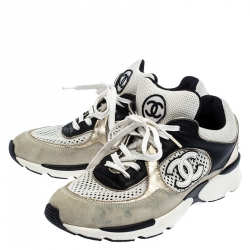 مملوكة مسبقًا Chanel White/Black Leather and Mesh CC Logo Lace Up Sneakers Size 38