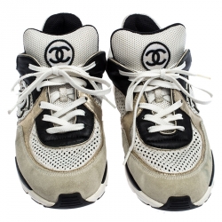 مملوكة مسبقًا Chanel White/Black Leather and Mesh CC Logo Lace Up Sneakers Size 38