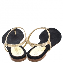 Chanel Gold/Beige Leather Thong CC Logo Strap Sandals Size 40.5