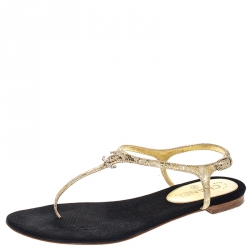 Chanel Gold/Beige Leather Thong CC Logo Strap Sandals Size 40.5